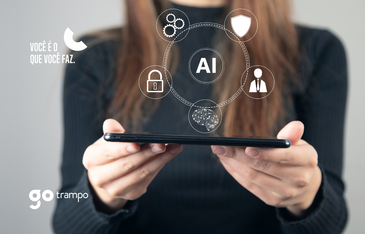 Ícones de inteligência artificial aplicados ao recrutamento e seleção, exibidos em um celular