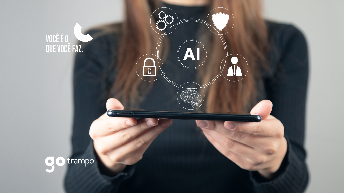 Ícones de inteligência artificial aplicados ao recrutamento e seleção, exibidos em um celular